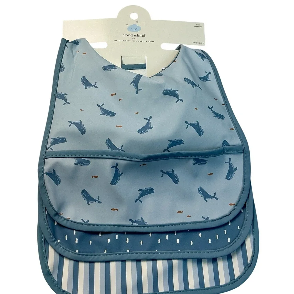 Cloud Island Baby Bibs 3 Pack Blue Whale Stripe Waterproof Recycled Polyester